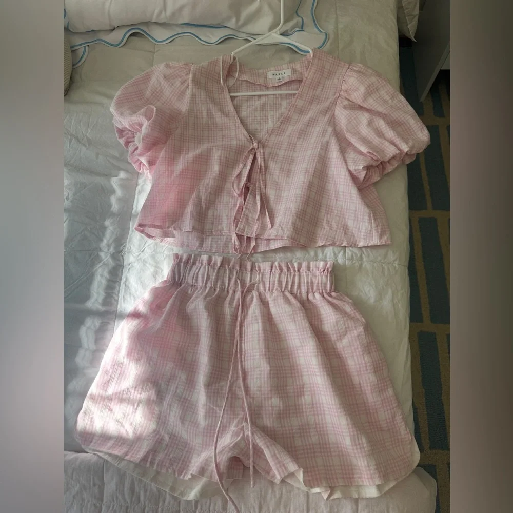 Pink Tie-Front Puff Sleeve Gingham Set